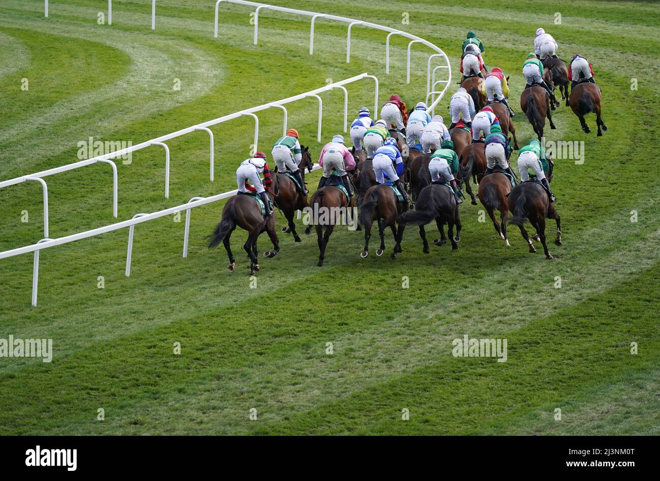 Runners and riders during the EFT Construction Handicap Hurdle on Grand National Day of the Randox Health Grand National Festival 2022 at Aintree Racecourse, Liverpool. Picture date: Saturday April 9, 2022. Stock Photo