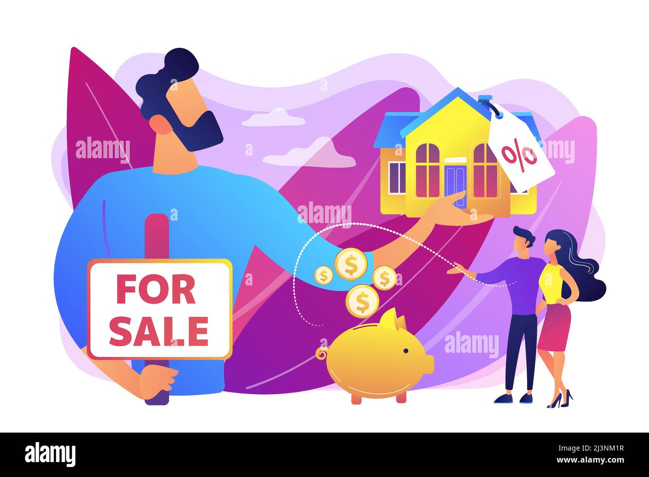 Married couple searching home. Realtor offering property with discount. House for sale, selling house best deal, real estate agent services concept. B Stock Vector