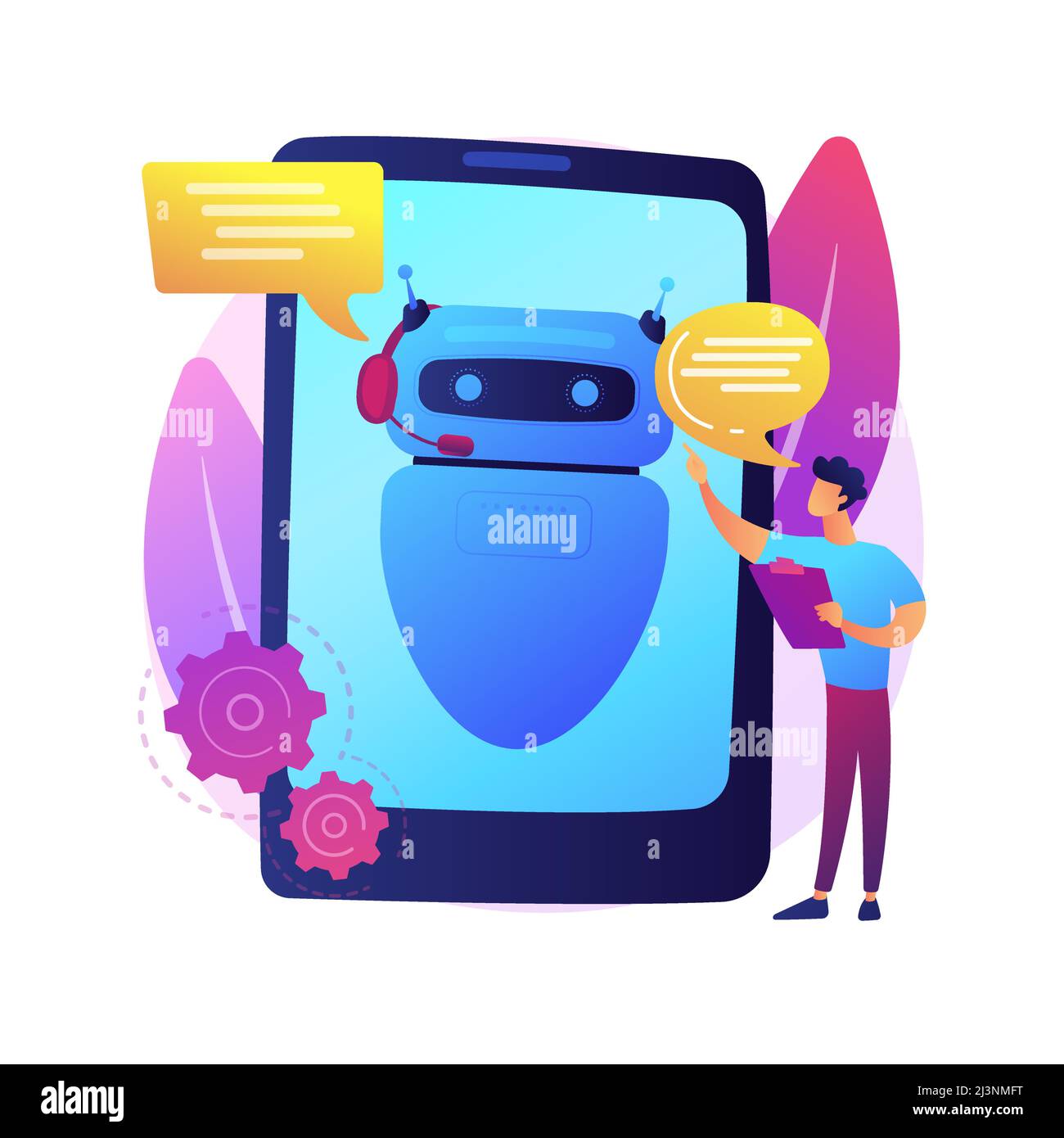 Dialog with chatbot. Artificial intelligence reply to question. Tech support, instant messaging, hotline operator. AI assistant. Client bot consultant Stock Vector