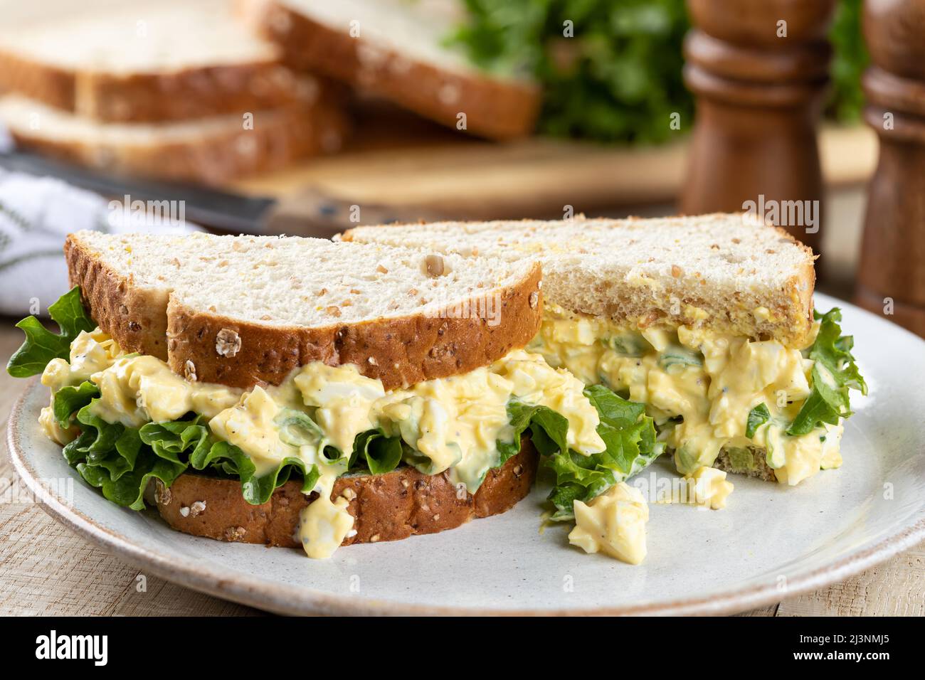Egg salad and lettuce sandwich on whole grain bread on a plate Stock Photo