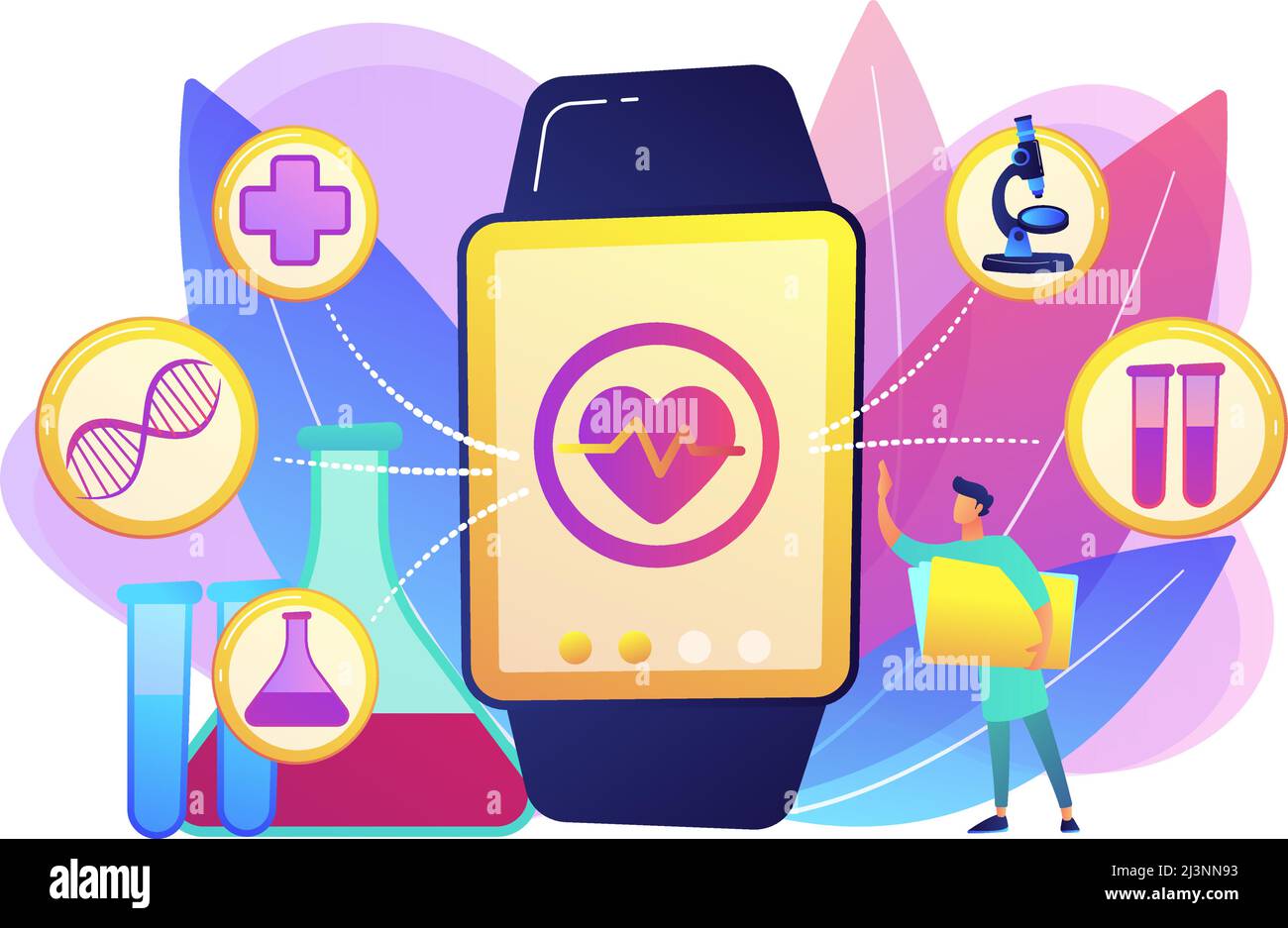 Doctor and smartwatch with heart and medical icons. Smartwatch health