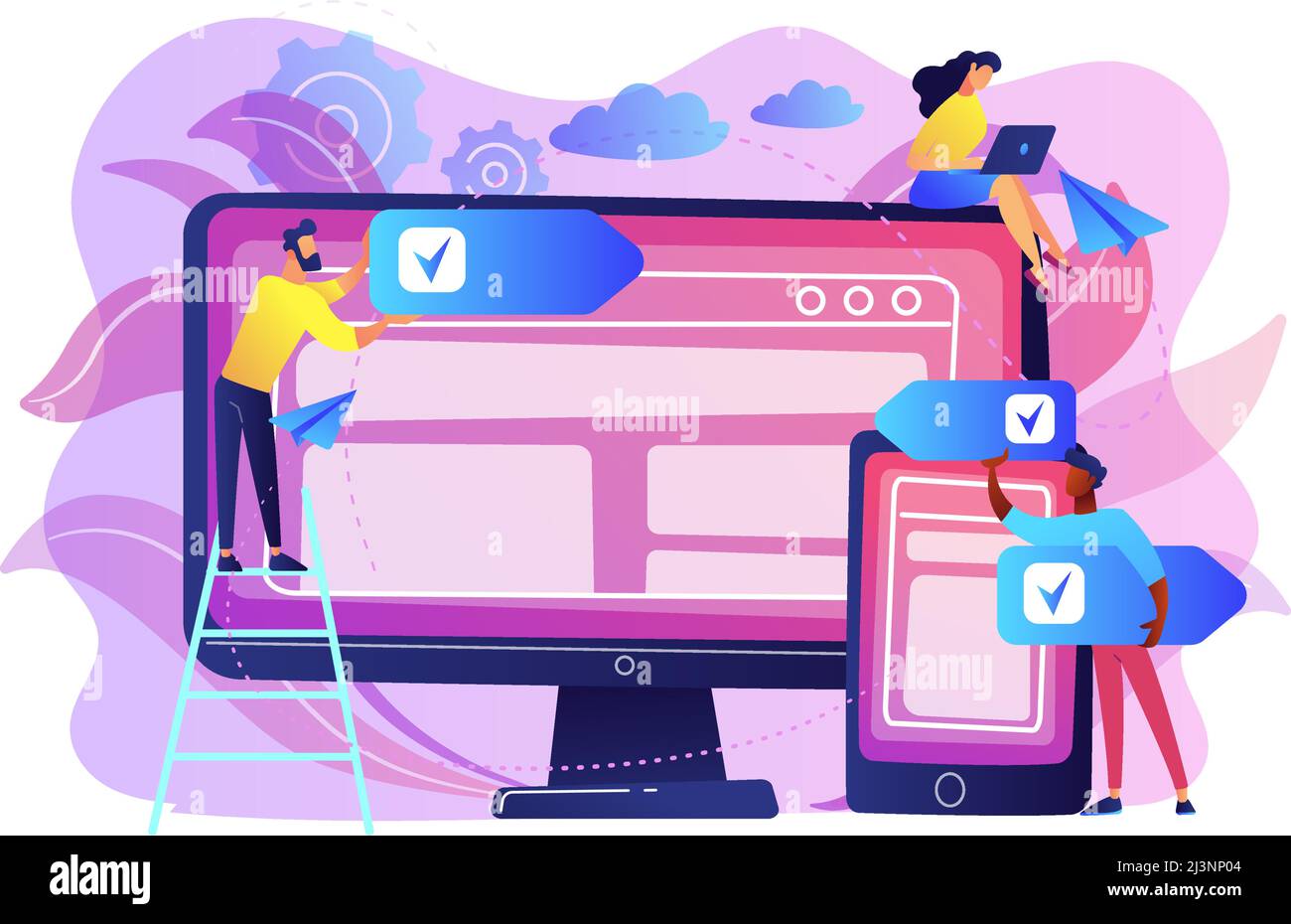 Developers use software on multiple devices. Cross-platform software, multi-platform and platform-independent software concept on white background. Br Stock Vector