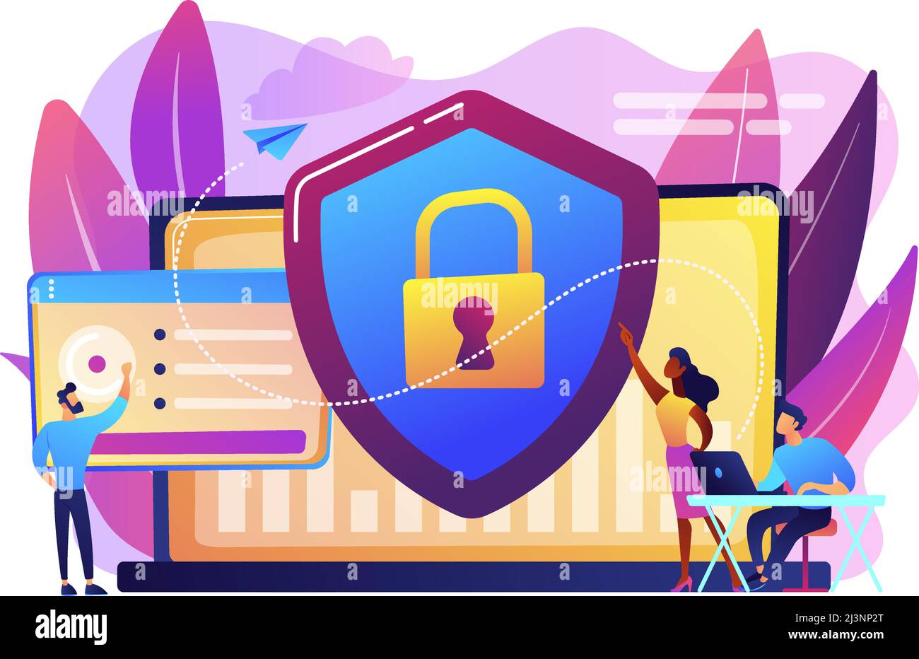 Security analysts protect systems with shield. Cyber