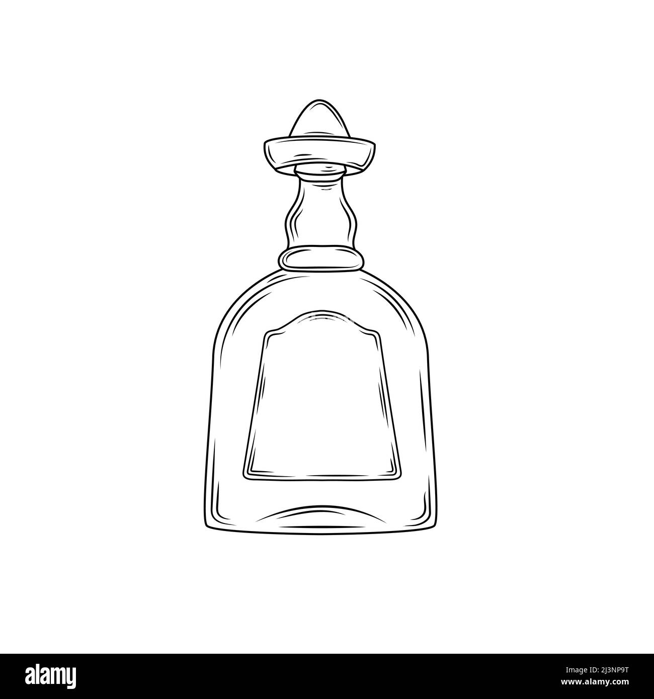 Hand drawn bottle of tequila . Glass Bottle with strong drink. Vintage Mexican tequila badge