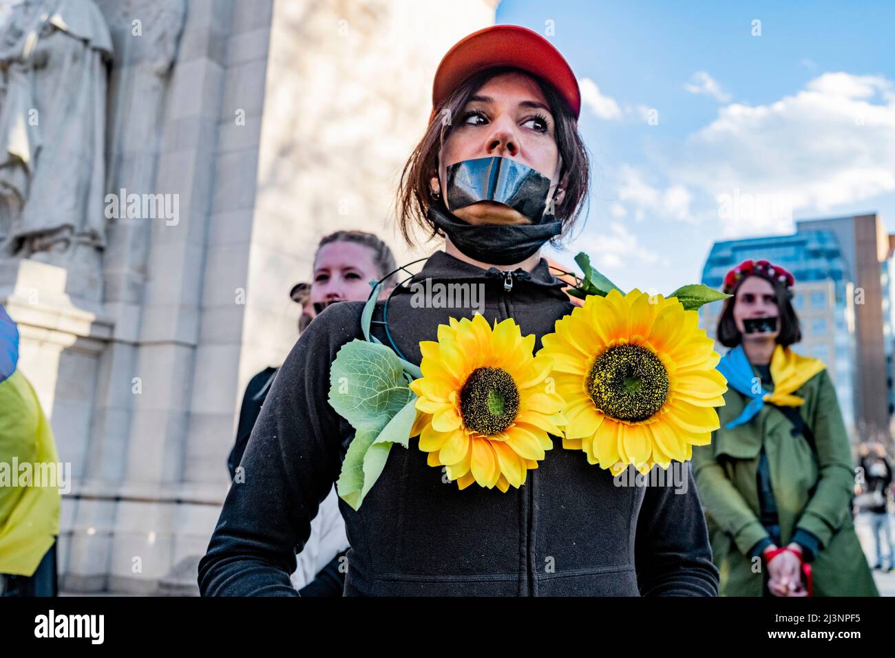 russianrape New York, USA. 8th Apr, 2022. Silent protest against Ukraine Russian Rapes.  Women and children gathered as flash mob in Washington Square Park NYC. to  show their outrage and condem Putin's army