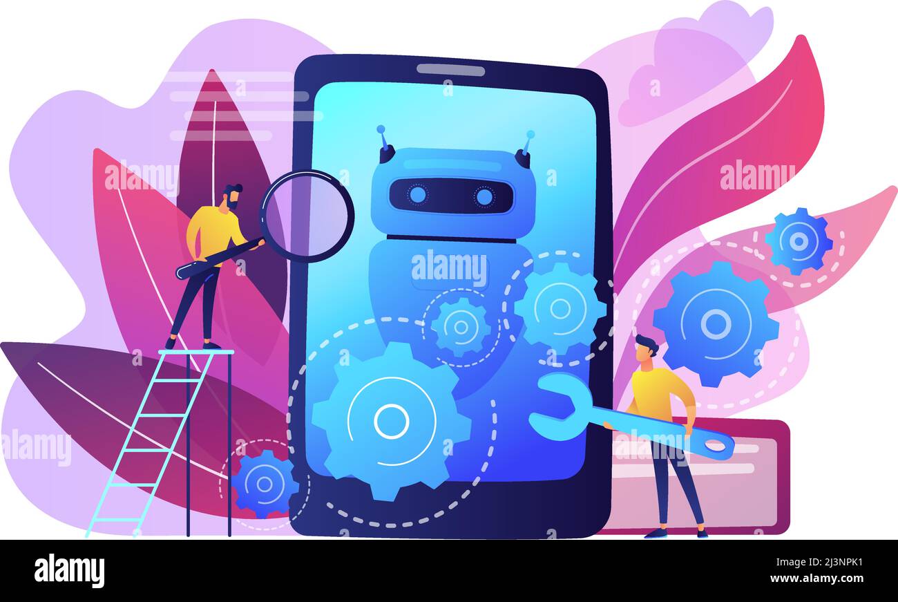 Developers with wrench work on chatbot application development. Chatbot app development, bot development framework, chatbot programming concept. Brigh Stock Vector