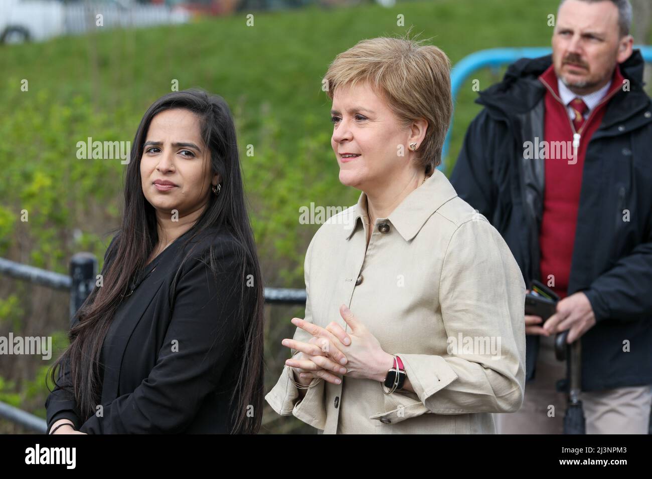 Glasgow, UK. 09th Apr, 2022. NICOLA STURGEON, MSP, First Minister of Scotland, (SNP) opened the celebrations of International Roma Day with 'Friends of Romano Lav' community group, at Govanhill Park, Glasgow. About 200 members of the Roma community and local residents attended at the park and were greeted by the First Minister, including baby JOSEPH COLLINS who was given a personal greeting. Credit: Findlay/Alamy Live News Stock Photo