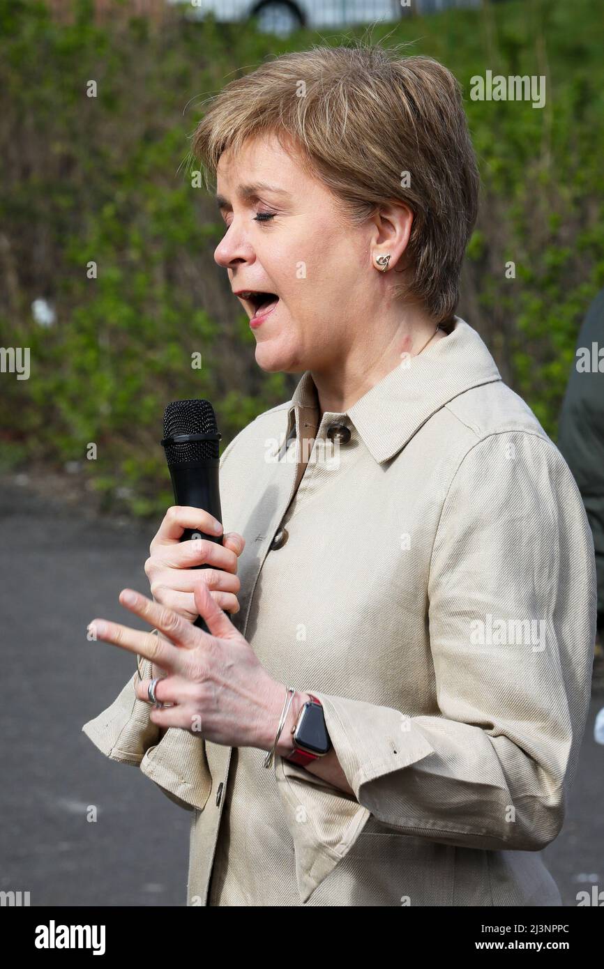 Glasgow, UK. 09th Apr, 2022. NICOLA STURGEON, MSP, First Minister of Scotland, (SNP) opened the celebrations of International Roma Day with 'Friends of Romano Lav' community group, at Govanhill Park, Glasgow. About 200 members of the Roma community and local residents attended at the park and were greeted by the First Minister, including baby JOSEPH COLLINS who was given a personal greeting. Credit: Findlay/Alamy Live News Stock Photo