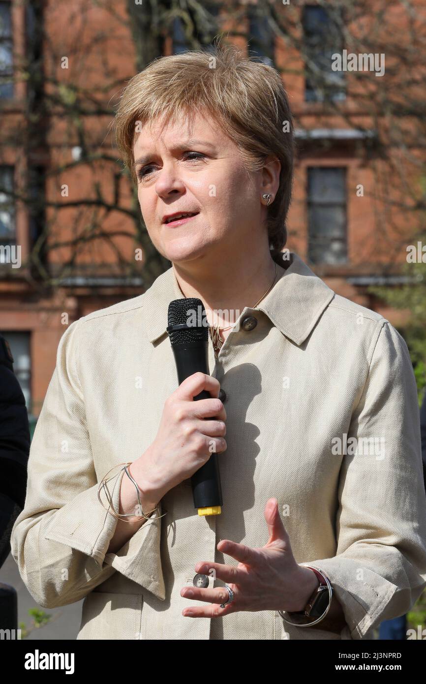 Glasgow, UK. 09th Apr, 2022. NICOLA STURGEON, MSP, First Minister of Scotland, (SNP) opened the celebrations of International Roma Day with 'Friends of Romano Lav' community group, at Govanhill Park, Glasgow. About 200 members of the Roma community and local residents attended at the park and were greeted by the First Minister, including baby JOSEPH COLLINS who was given a personal greeting. Credit: Findlay/Alamy Live News Stock Photo