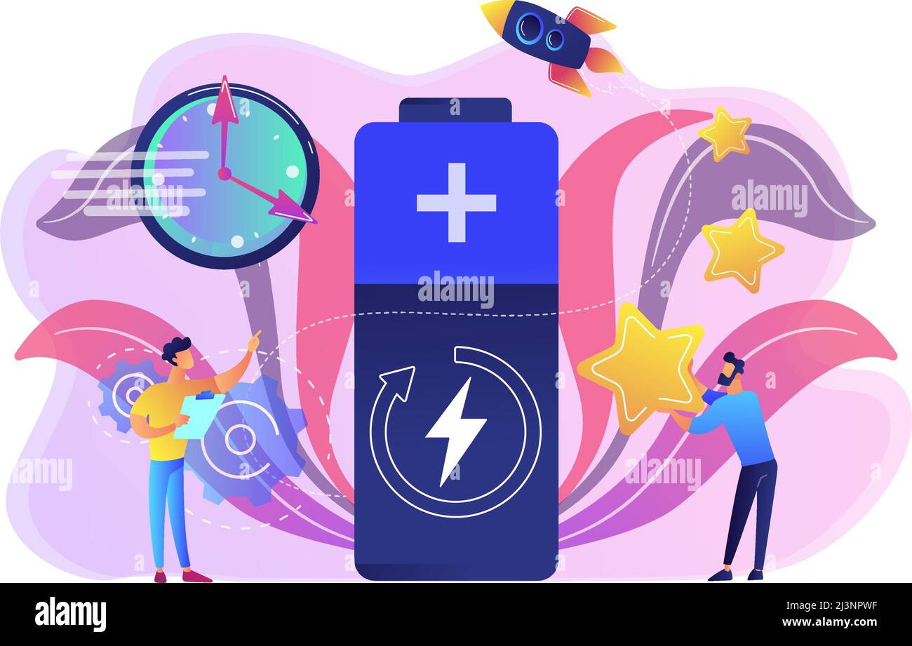 Engineers with battery charging, clock and stars with rocket. Fast