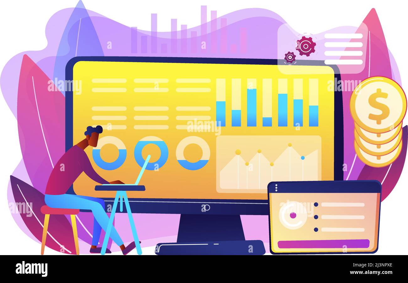 Data analyst consolidating financial information and reports on computer. Financial data management, financial software, digital data report concept. Stock Vector
