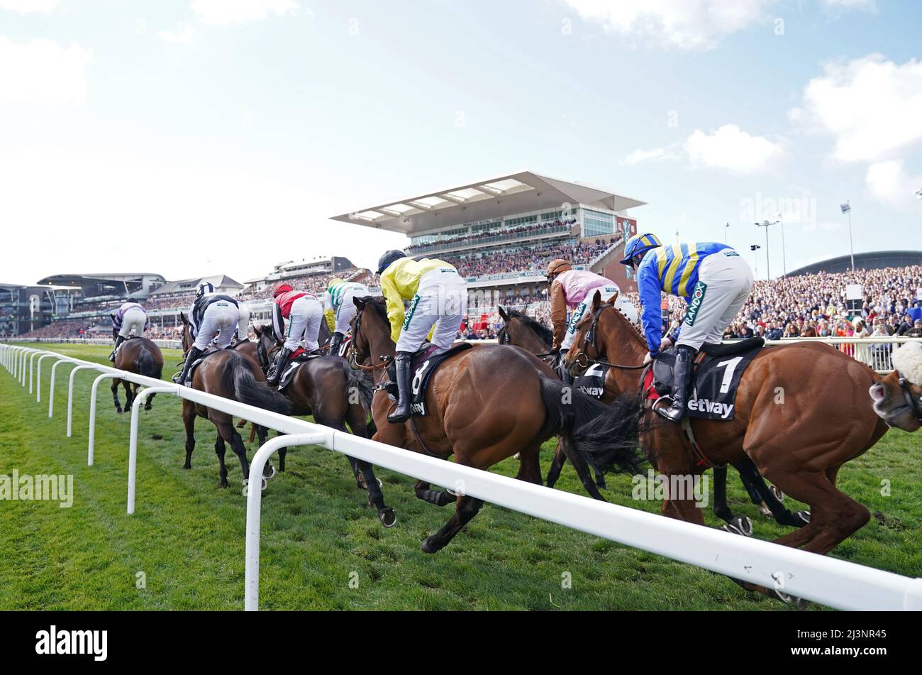 Runners and riders during the Betway Mersey Novices' Hurdle during Grand National Day of the Randox Health Grand National Festival 2022 at Aintree Racecourse, Liverpool. Picture date: Saturday April 9, 2022. Stock Photo