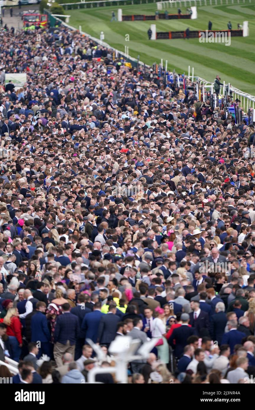 A view of the crowds during Grand National Day of the Randox Health Grand National Festival 2022 at Aintree Racecourse, Liverpool. Picture date: Saturday April 9, 2022. Stock Photo