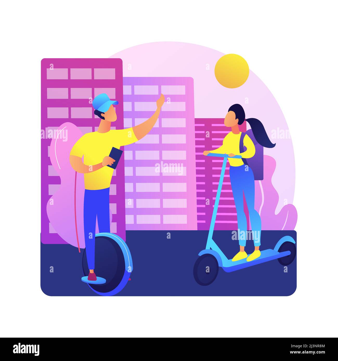 Urban electric transport abstract concept vector illustration. Rental electric bikes, escooter eskateboard using, modern city life style, urban mobili Stock Vector