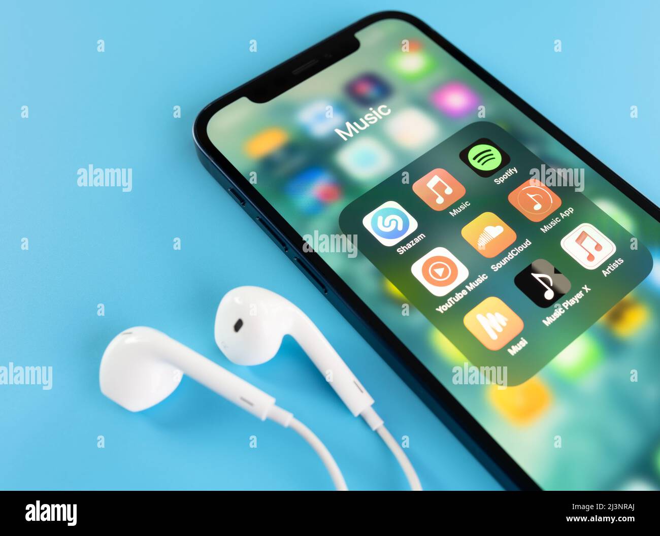Music apps on an iPhone display - Apple Music, Spotify, YouTube Music, Musi, Shazam, Soundcloud, and other. Stock Photo