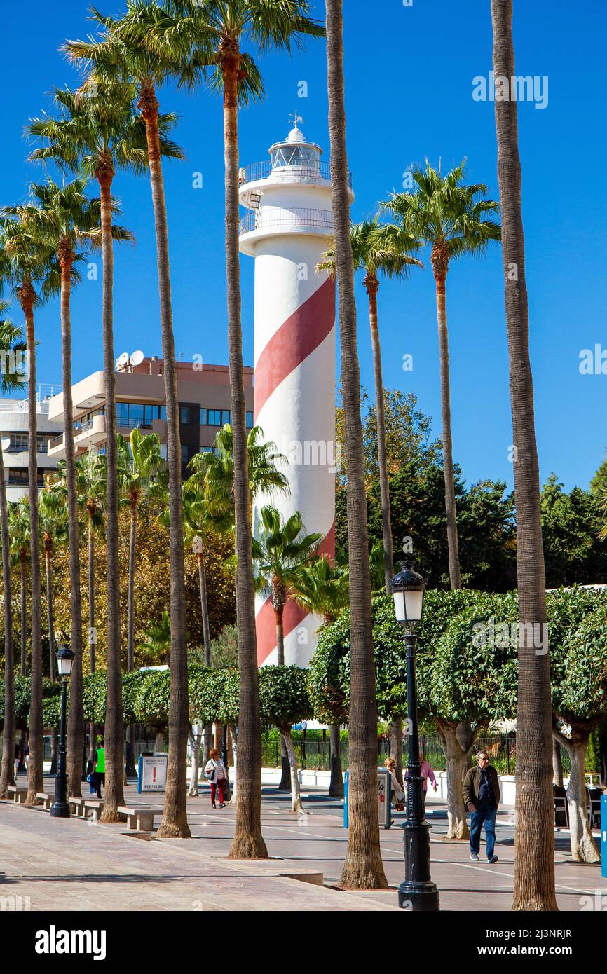 View of 'Faro de Marbella'-Lighthouse Marbella.Can be seen as you walk along promenade, located above the section of beach named after it. Stock Photo