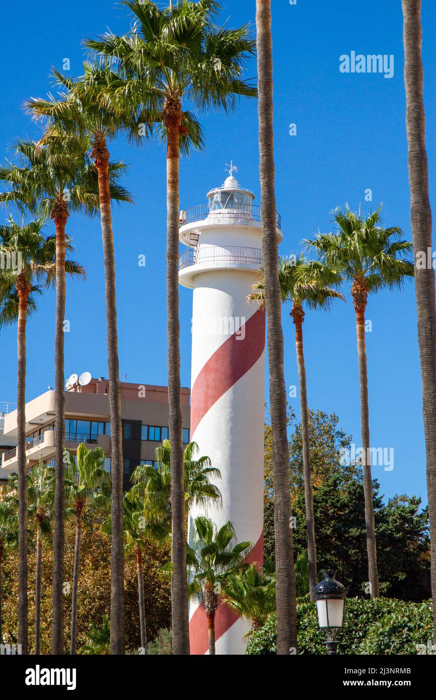 View of 'Faro de Marbella'-Lighthouse Marbella.Can be seen as you walk along promenade, located above the section of beach named after it. Stock Photo