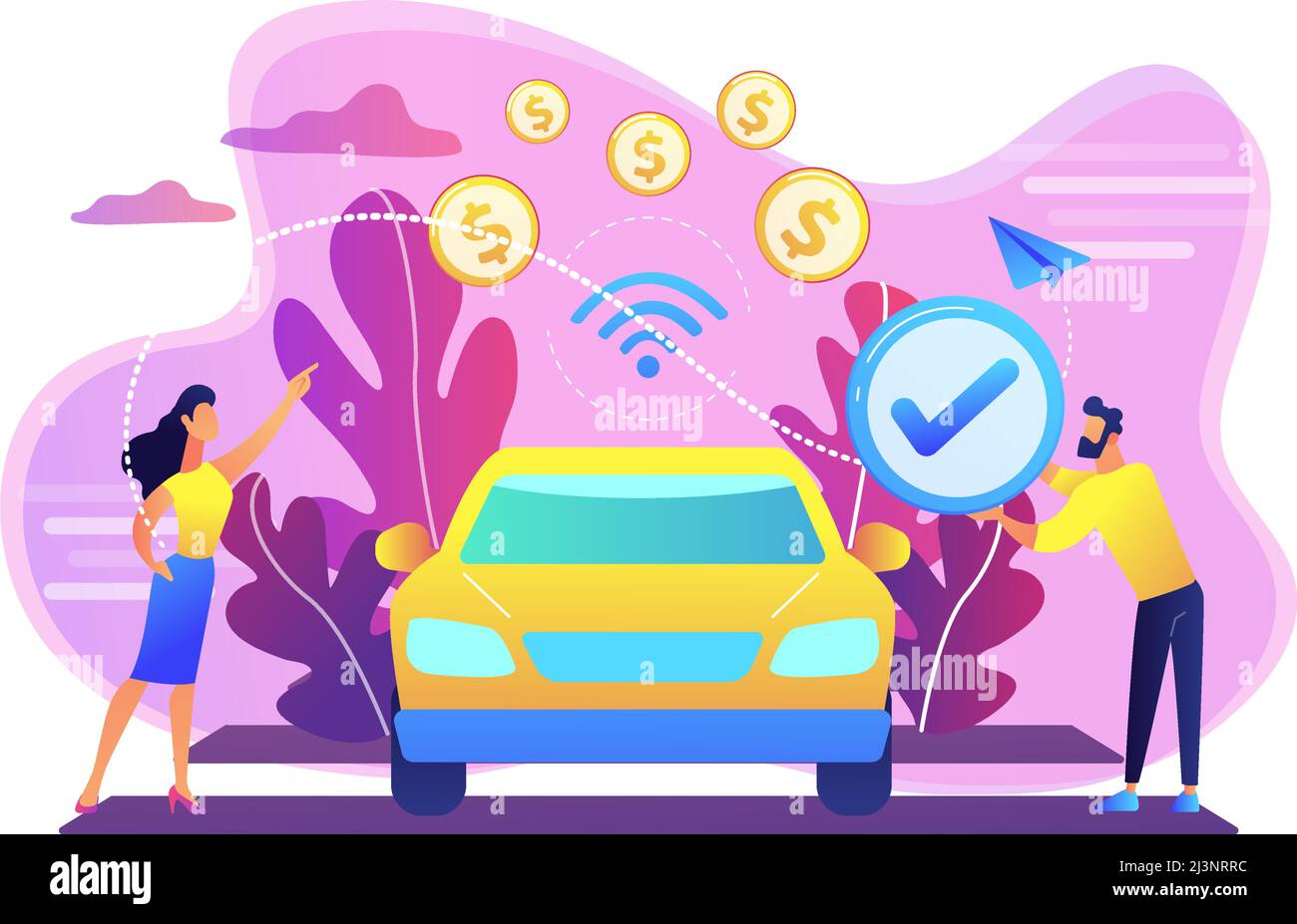 Business people paying in vehicle equiped with incar payment system