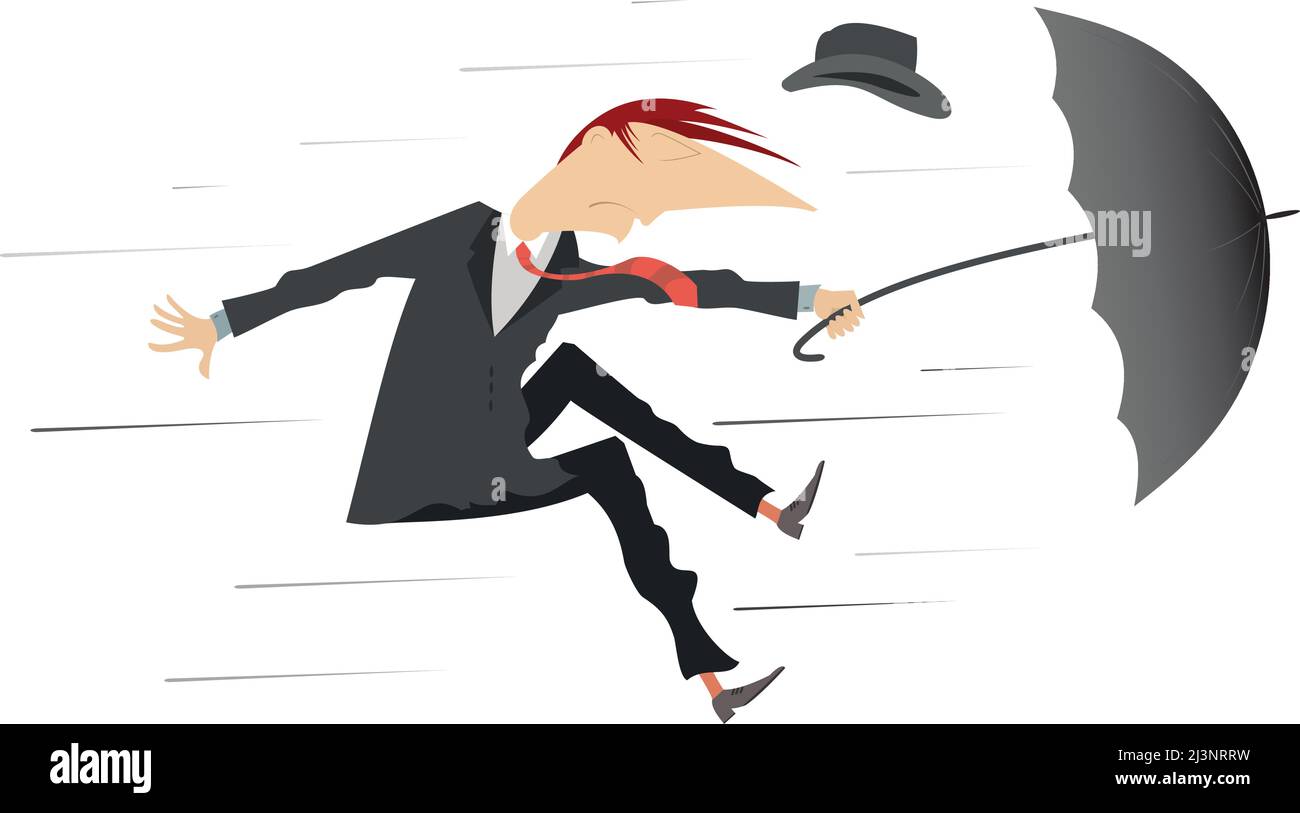 Windy day and man with a hat and umbrella isolated. Strong wind and a man lost his hat and trying to keep an umbrella isolated on white illustration Stock Vector