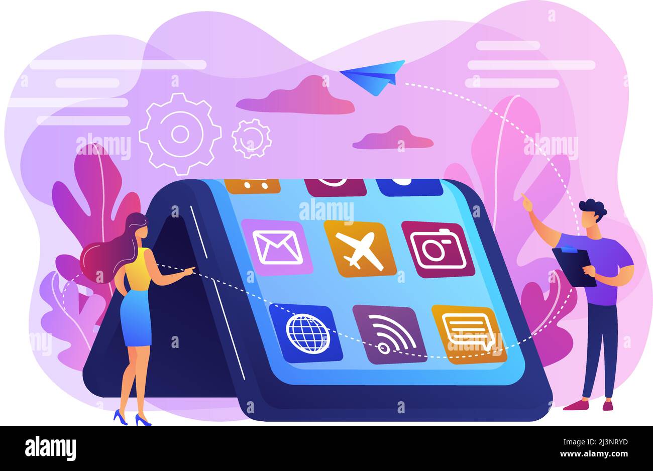 Tiny people at big smartphone with flexible display. Bendable device technology, flexible display device, next-generation electronics concept. Bright Stock Vector