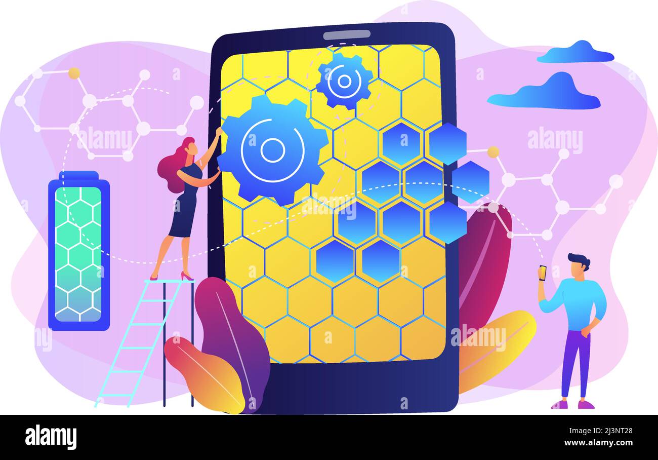Tiny people scientists with graphene atomic structure for smartphone. Graphene technologies, artificial graphene, modern science revolution concept. B Stock Vector