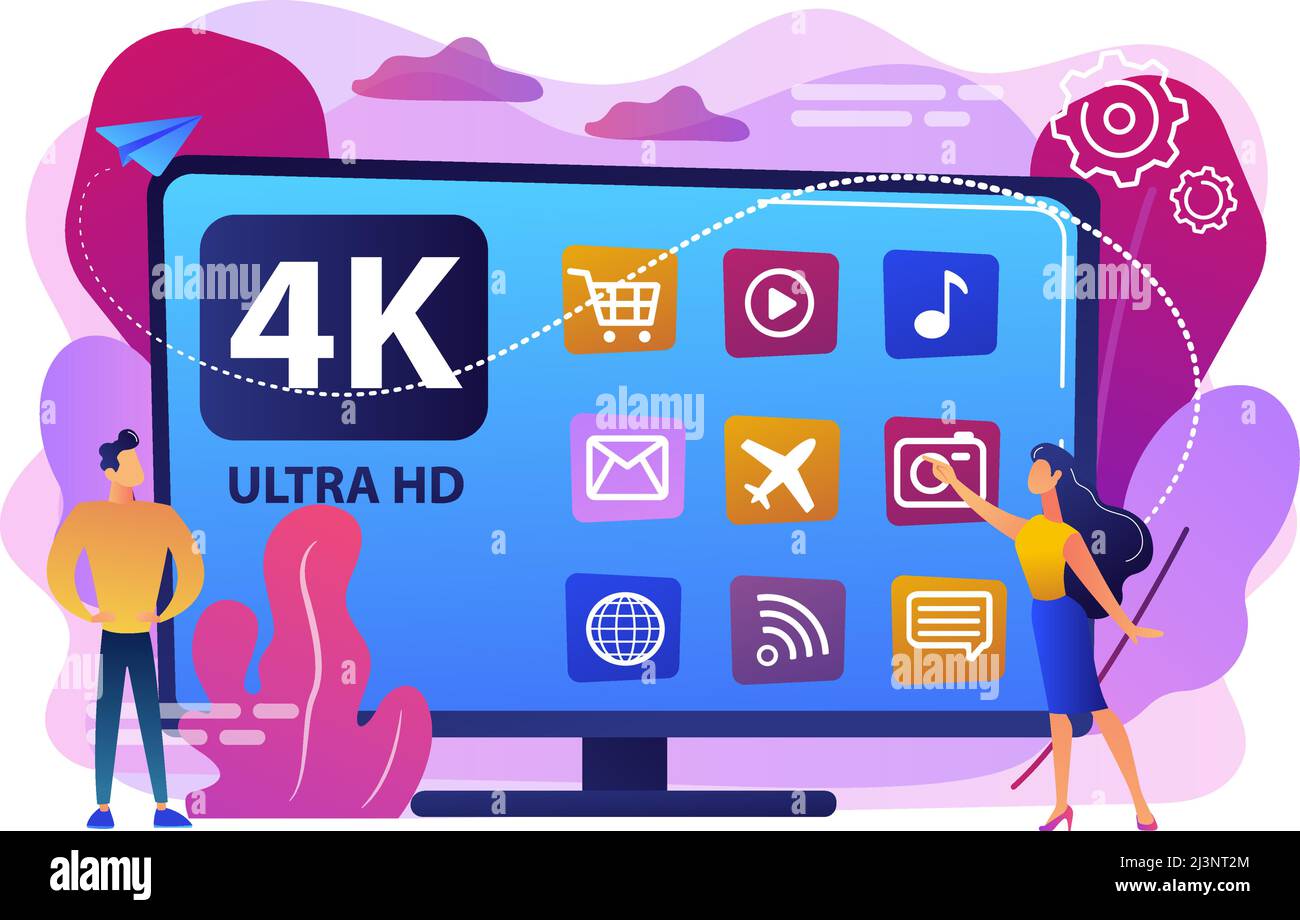 Tiny business people watching modern ultra hd smart television. UHD smart TV, ultra high definition, 4k 8k display technology concept. Bright vibrant Stock Vector