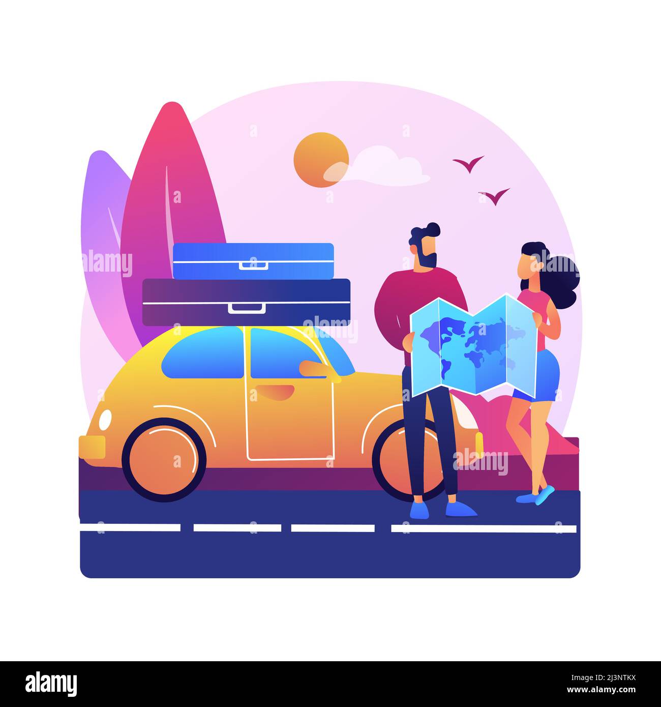 Road trip abstract concept vector illustration. Traveling by car, road trip planning platform, rental service, gps navigation, attractions en-route, d Stock Vector