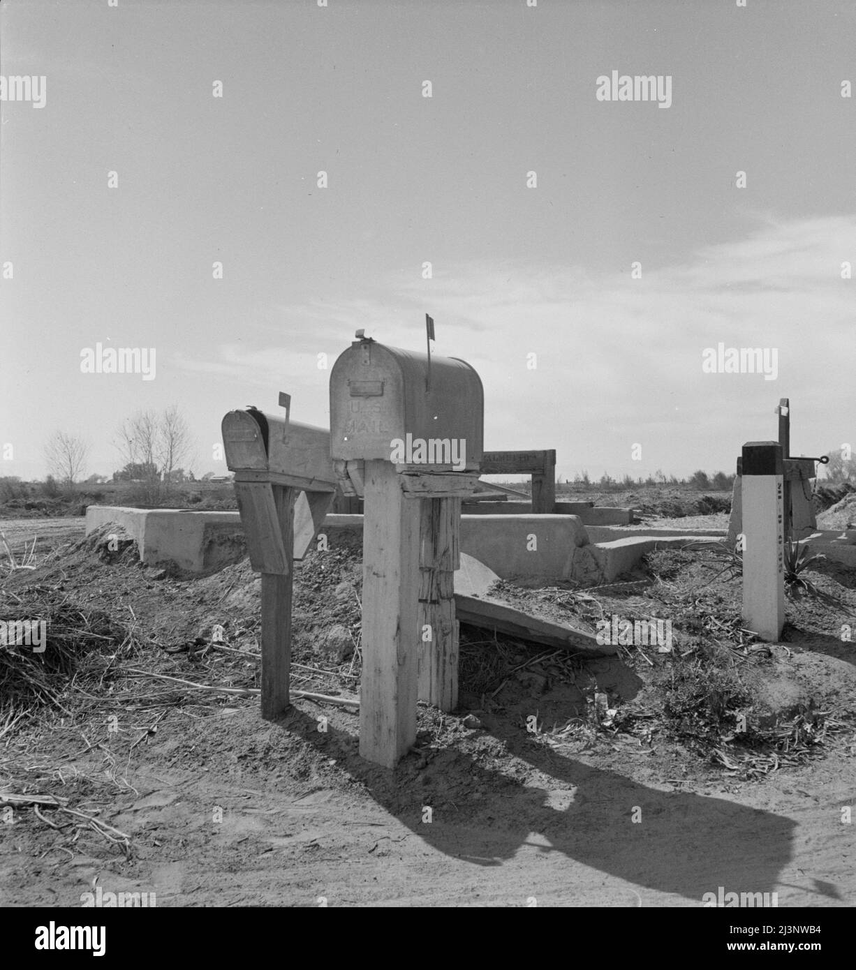 Mail boxes and irrigation gates. Imperial Valley, California Stock