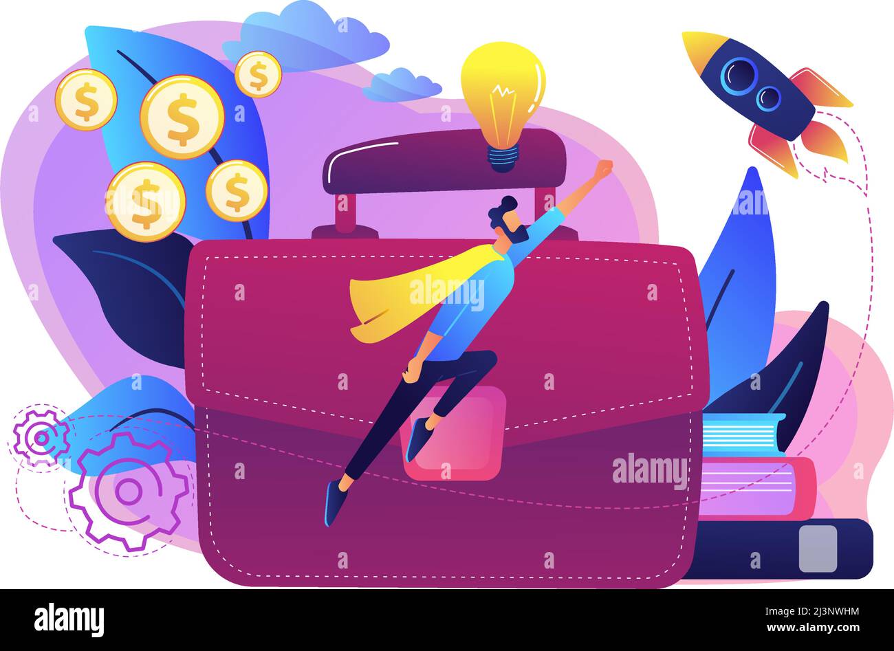 Superhero businessman flying high and big briefcase. Leadership, career growth and success, motivation concept on white background. Bright vibrant vio Stock Vector