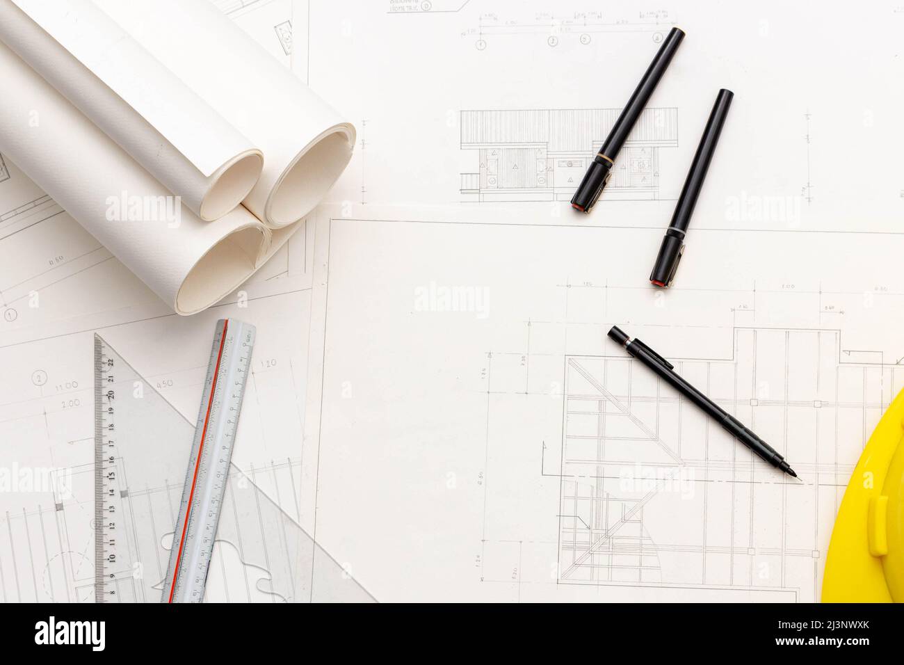 Mockup of architectural concept, Drawing tools and engineer drawing on