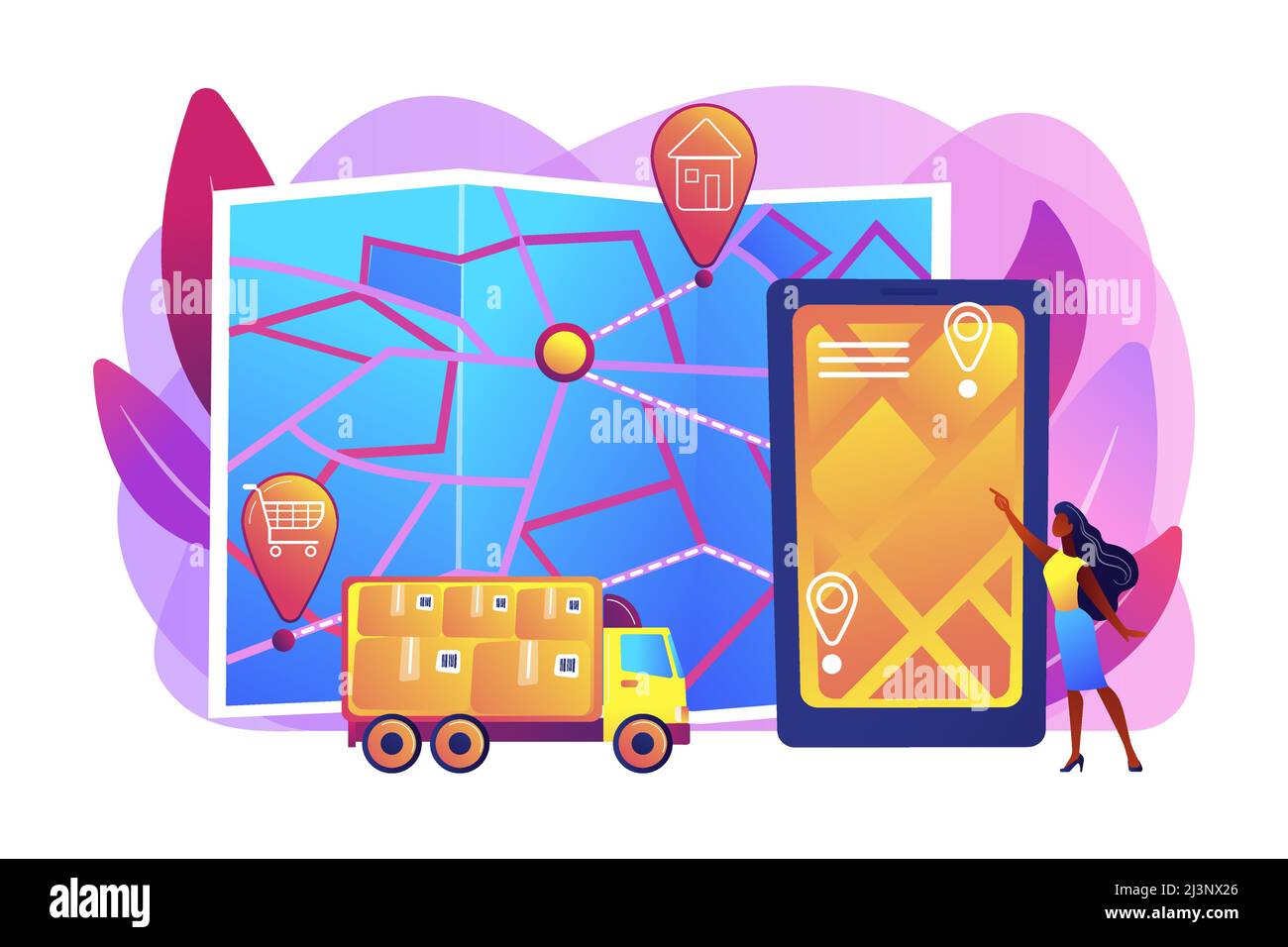 Tracking delivery, package on smartphone application. Delivery point validation, delivery driver app, independent courier concept. Bright vibrant viol Stock Vector