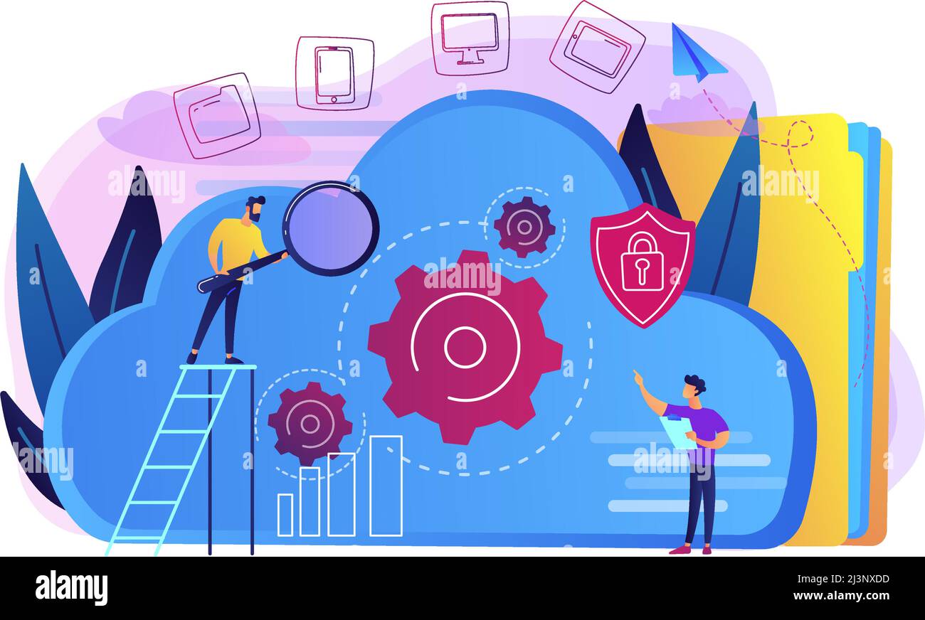Two developers looking at the gears on the cloud. Digital data storage, database securiry, data protection, cloud technology concept, violet palette. Stock Vector