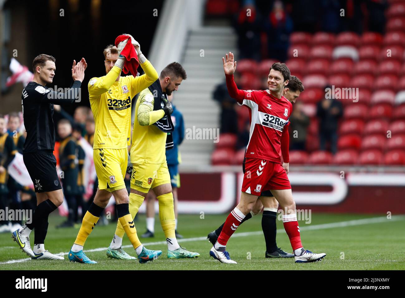 Middlesbrough's Jonny Howson acknowledges support during the Sky Bet Championship match at the Riverside Stadium, Middlesbrough. Picture date: Saturday April 9, 2022. Stock Photo
