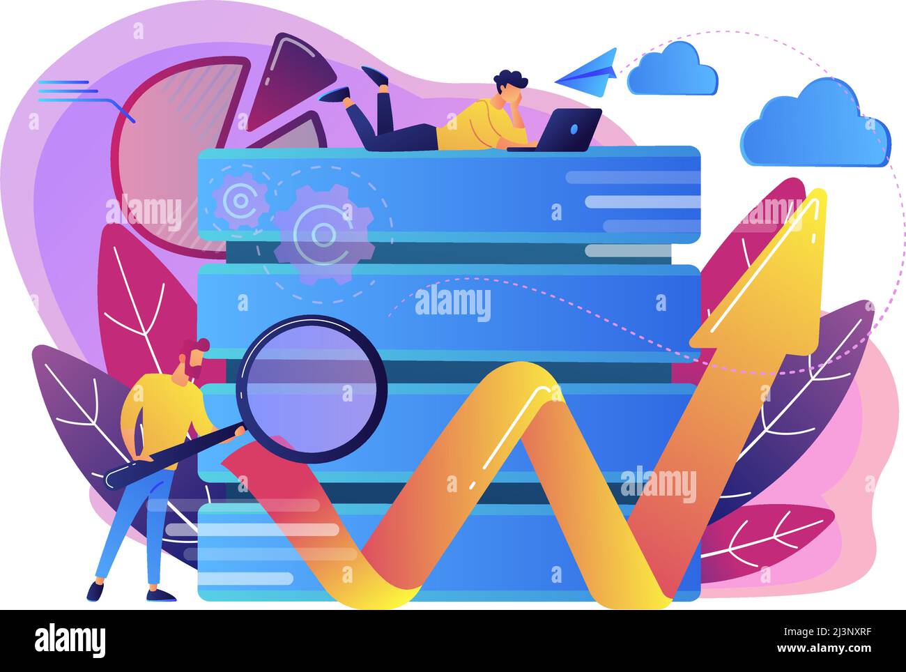 Developer with magnifying glass working with big data and zigzag arrow. Digital analytics tools, data storage and software engineering concept, violet Stock Vector