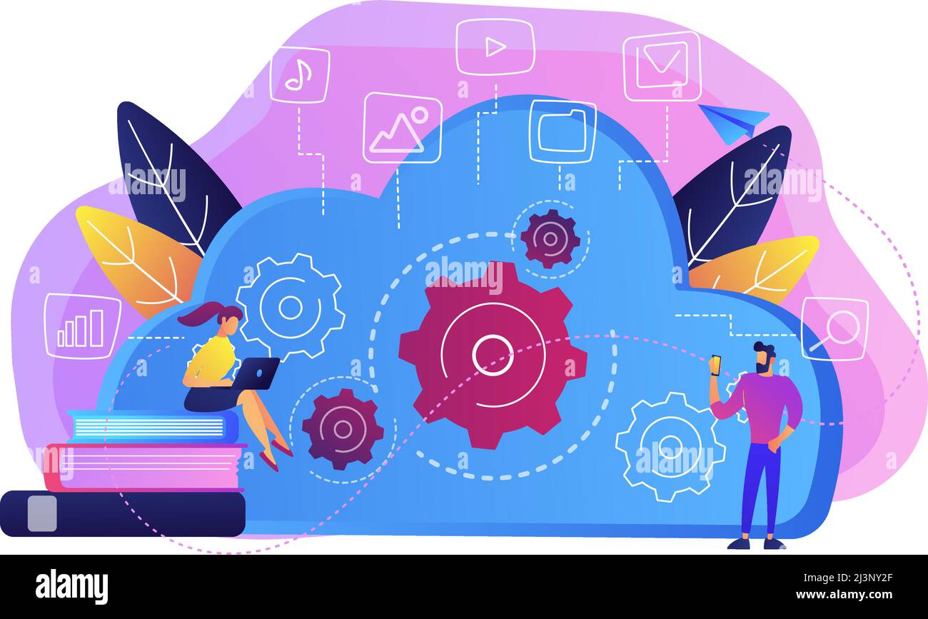 Developers using laptop and smartphone working with cloud data. Multimedia and big data architecture, database, cloud computing, cloud platform concep Stock Vector