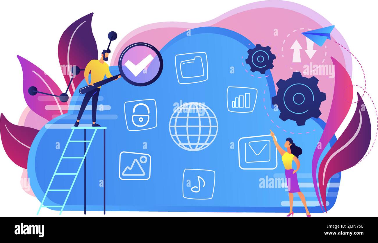 Two users searchig for big data in the cloud. Computing storage technology, large database, data analysis, digital information concept, violet palette Stock Vector