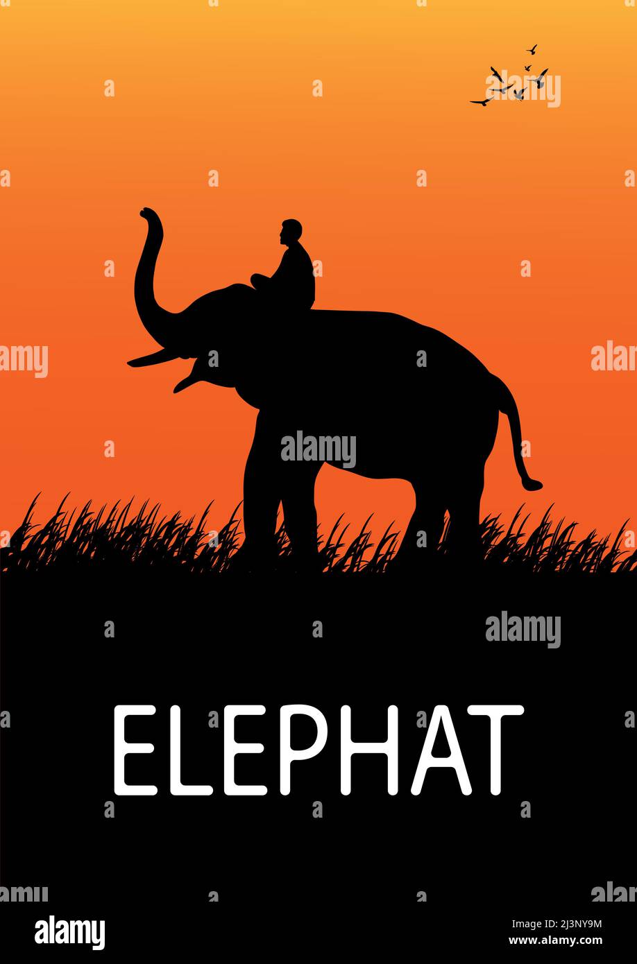 silhouette image Black elephant walking on grass vector Illustration Stock Vector