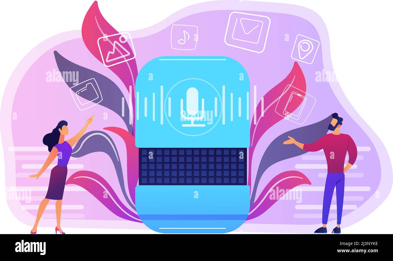 Users buying smart speaker applications online. Smart assistant applications online store, voice activated digital assistants apps market concept, vio Stock Vector