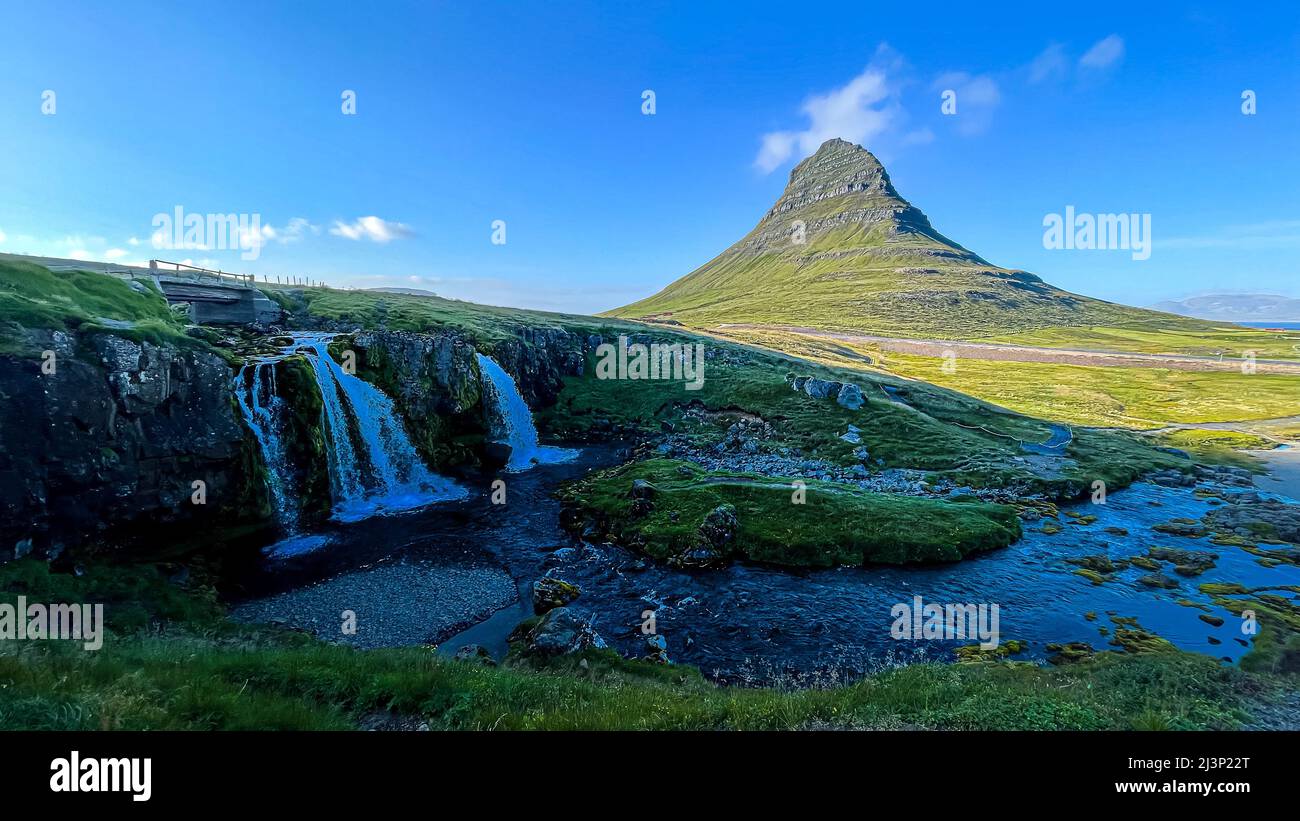 Beautiful aerial view of the Kirkjufell high mountain in Iceland, on the Snæfellsnes peninsula Stock Photo