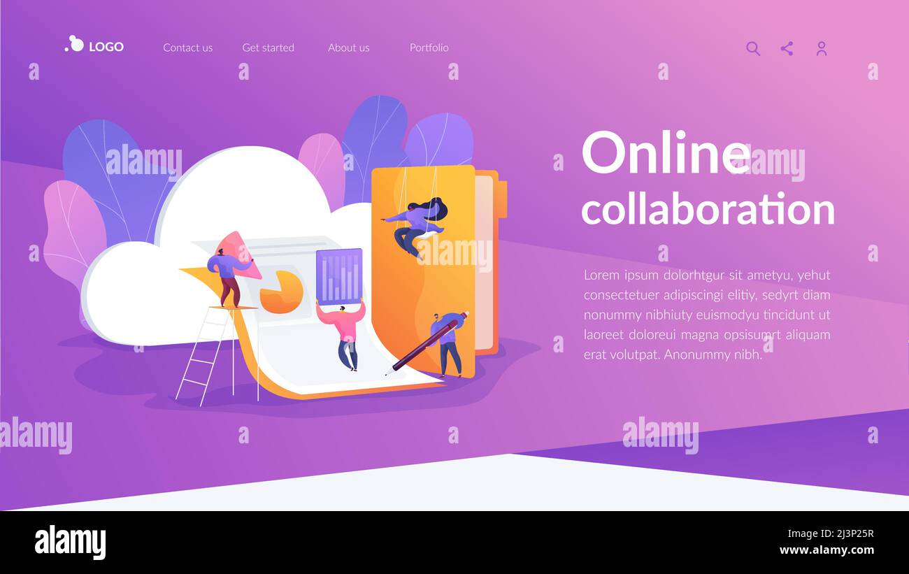 Cloud collaboration technology, remote business management, wireless computing service concept. Website homepage header landing web page template. Stock Vector