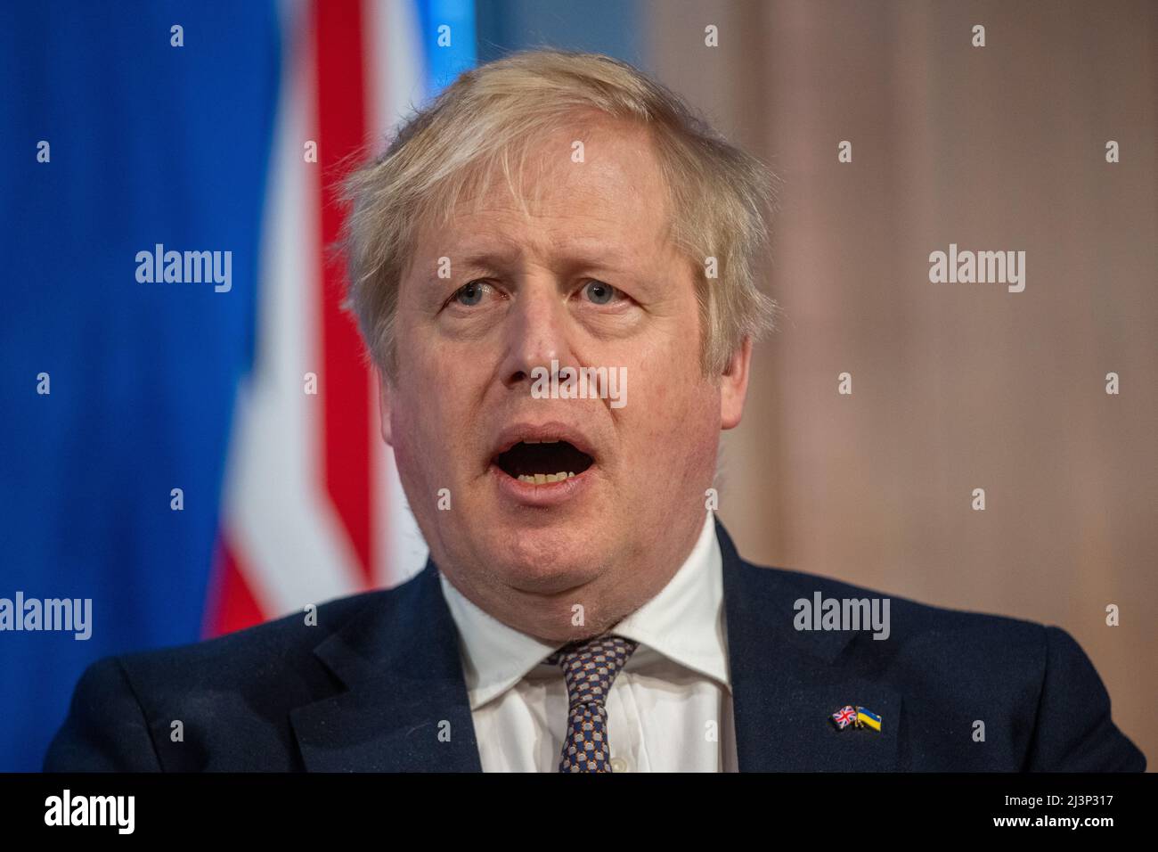London, UK. 08th Apr, 2022. Boris Johnson, Prime Minister of the United Kingdom, speaks at a press conference after talks with Chancellor Scholz. Credit: Michael Kappeler/dpa/Alamy Live News Stock Photo