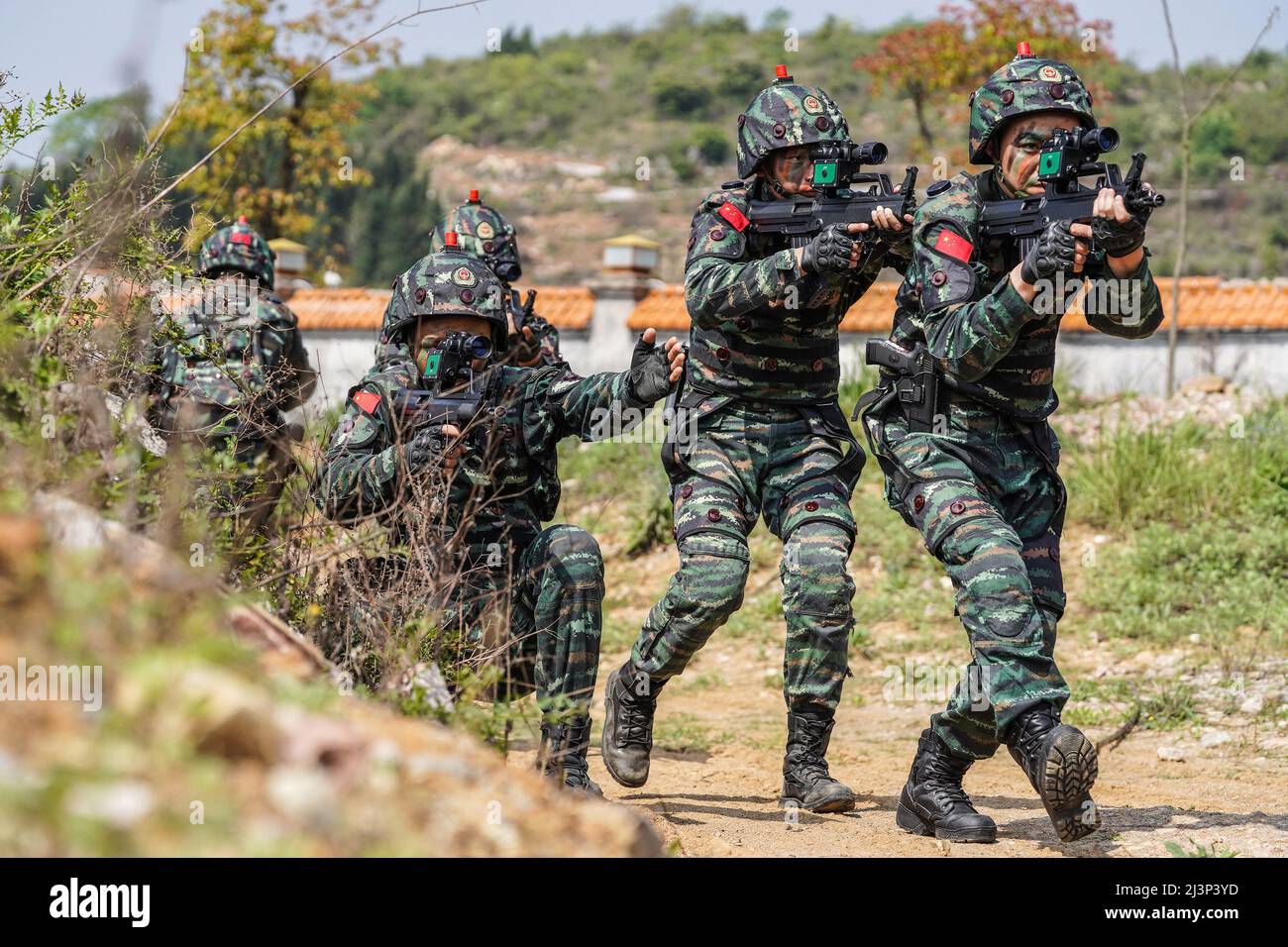 QIANXINAN, CHINA - APRIL 9, 2022 - Special forces soldiers use a laser  countermeasure system during a red-blue confrontation drill in Qianxinan,  Southwest China's Guizhou Province, April 9, 2022. In this drill,
