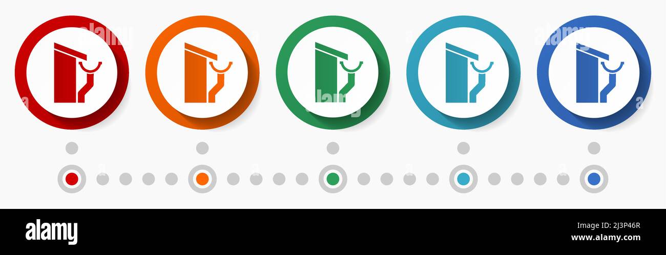 Gutter service concept vector icon set, infographic template, flat design colorful web buttons in 5 color options Stock Vector