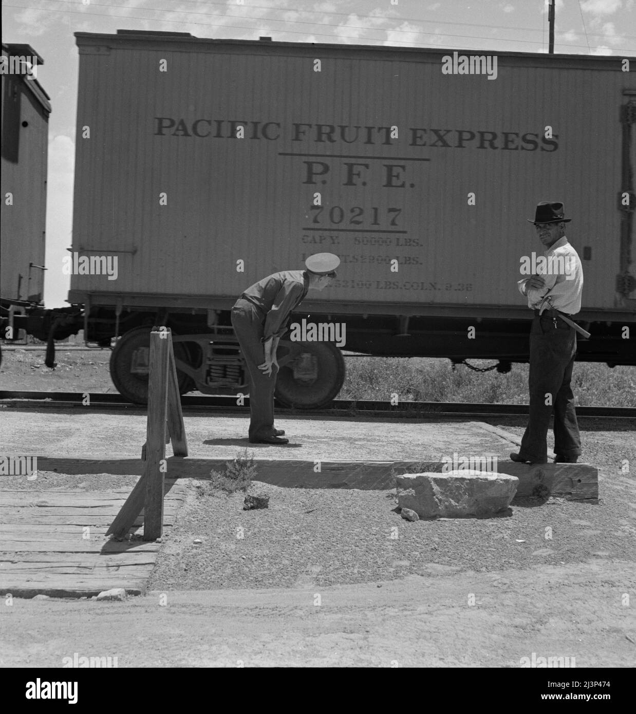 Inspecting a freight train from Mexico for smuggled immigrants. El Paso, Texas. Stock Photo