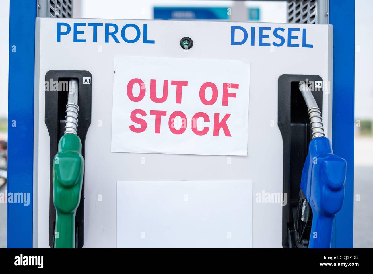 Out of stock sign board on petrol bunk due to economic crisies - concept of fuel shortage Stock Photo