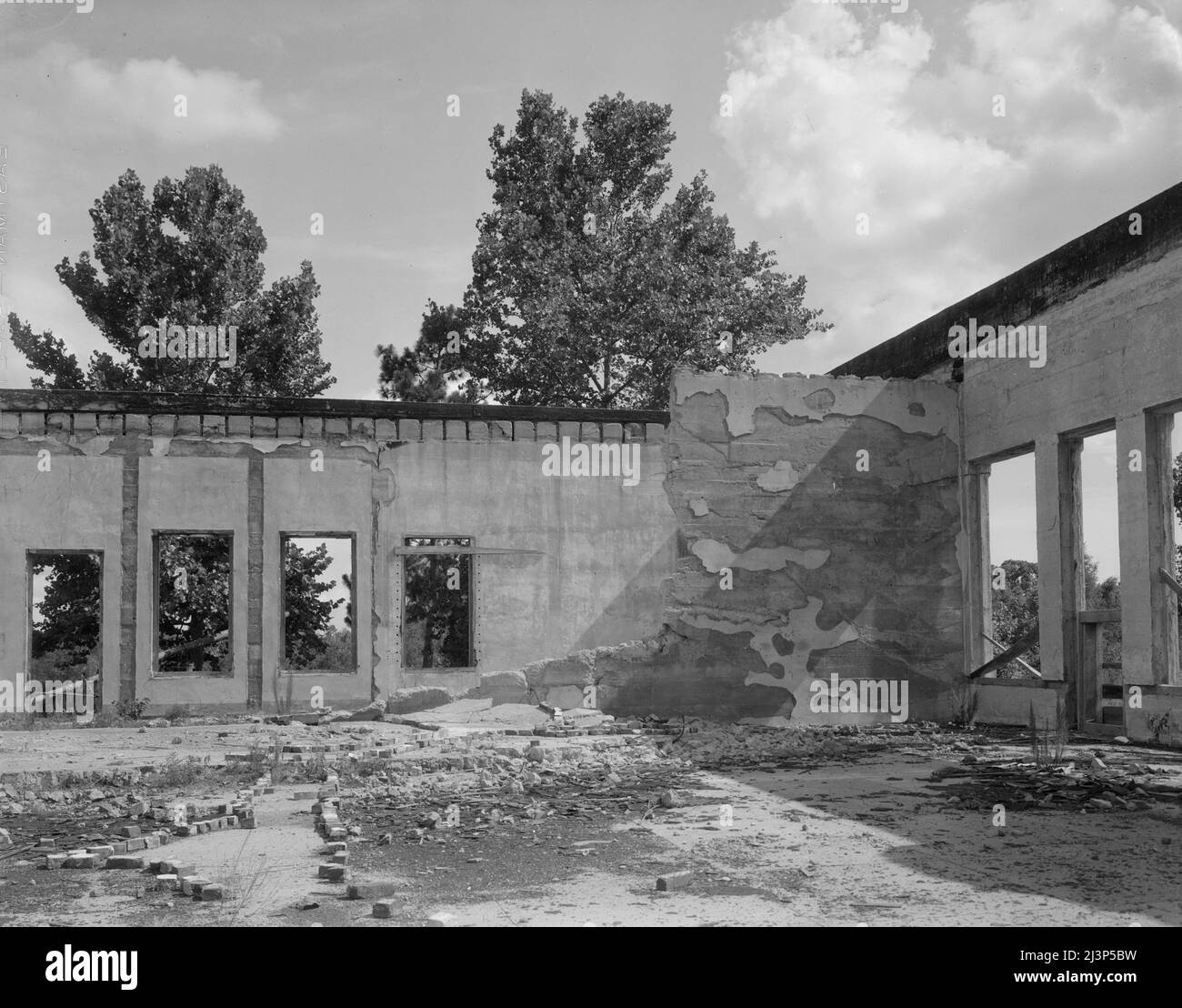 Some of the walls of the bank still stand at Fullerton, Louisiana, abandoned lumber town. Stock Photo