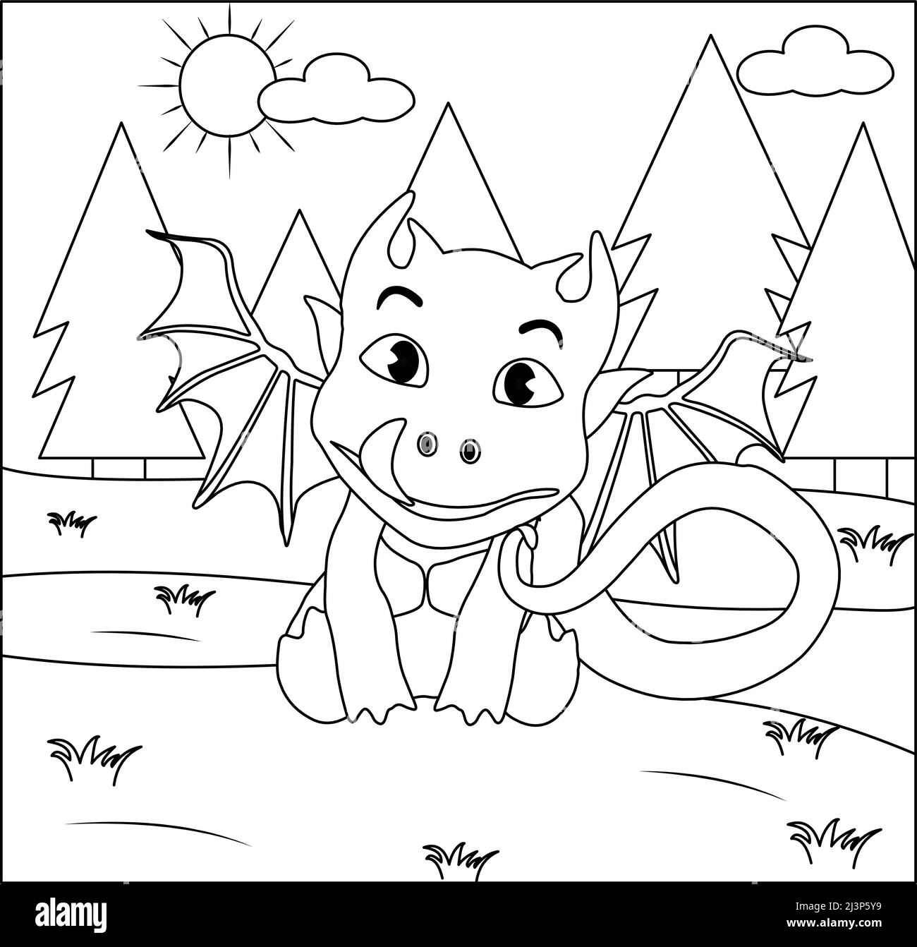 (Dragon Coloring Page: 8) Cute Dragon with nature, green grass, trees on background, vector black and white coloring page. Stock Vector