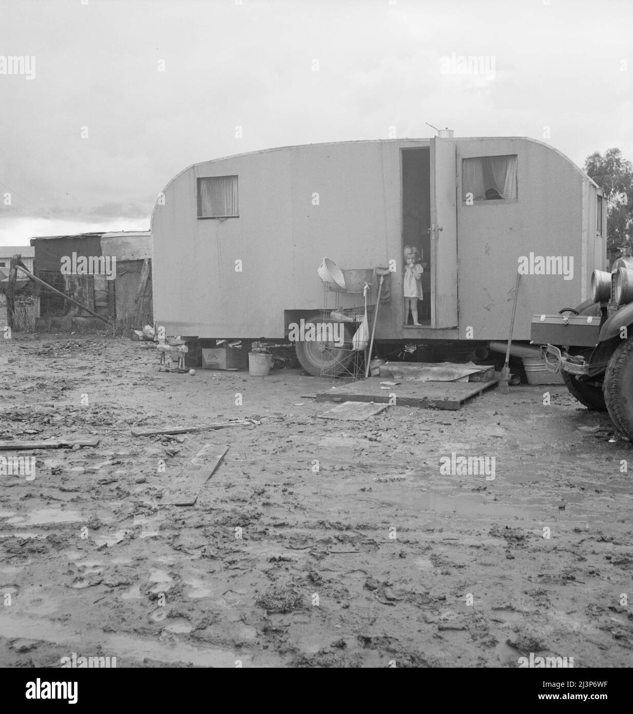 Orange packer of Sunkist oranges. Self-built trailer. California. Stock Photo