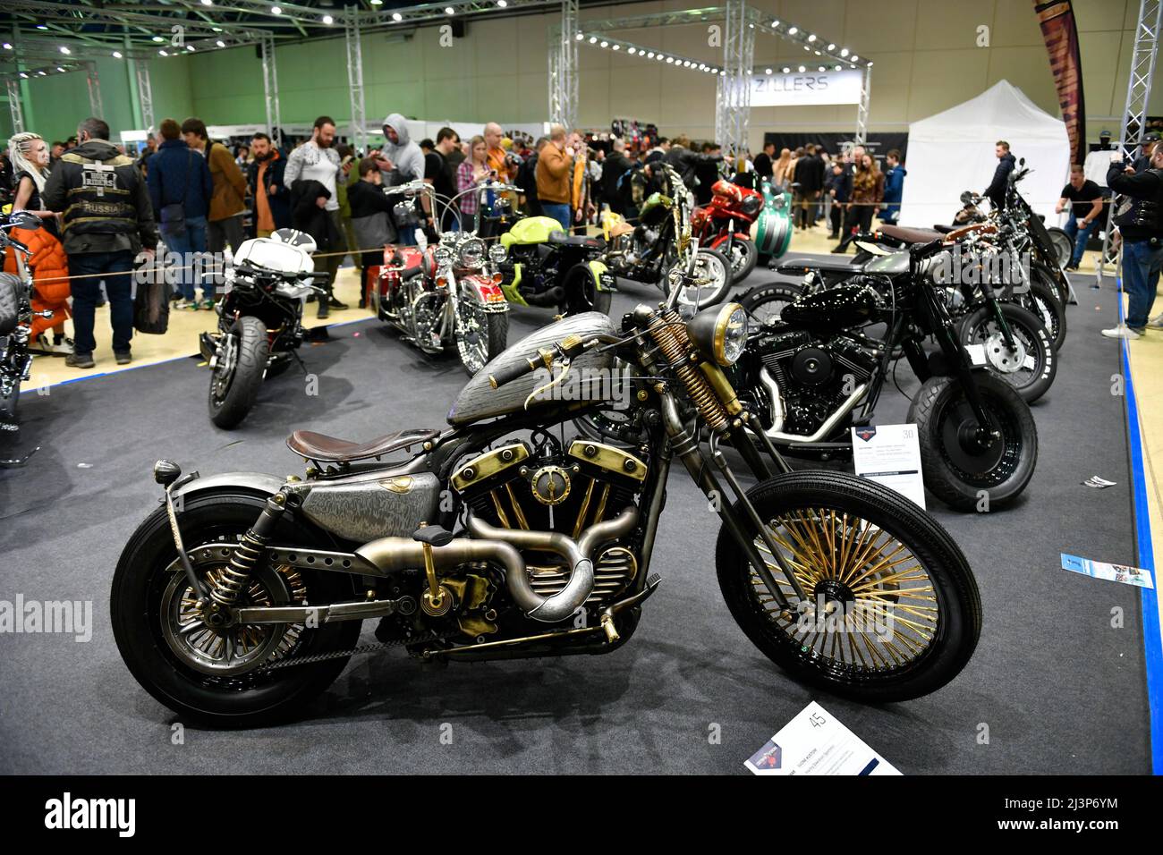 Moscow, Russia. 9th Apr, 2022. Visitors view motorcycles during the Motospring exhibition in Moscow, Russia, April 9, 2022. Credit: Alexander Zemlianichenko Jr/Xinhua/Alamy Live News Stock Photo