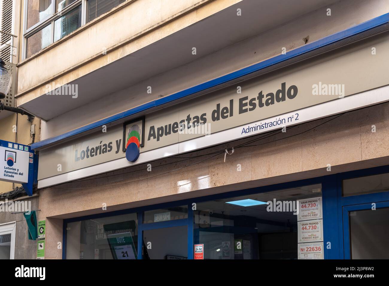 Felanitx, Spain; april 07 2022: Main facade of a Loterias y Apuestas del Estado establishment, in the Mallorcan town of Felanitx, Spain Stock Photo